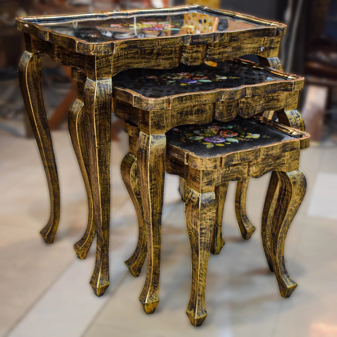 Nesting Tables with hand painted work With Glass Top