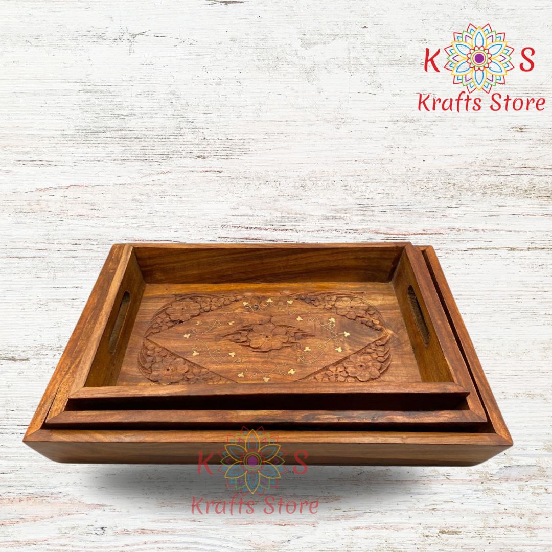 Serving Trays Set Of 3 Trays Topped with Carving and Brass Work