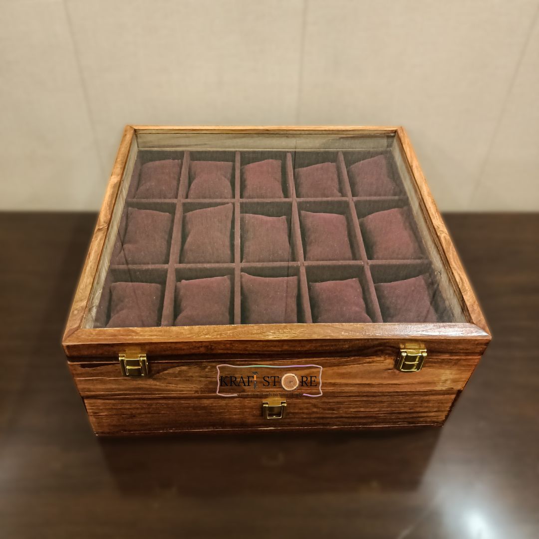 Watch Organizer with Drawer, 27 slots, Glass Top, side view