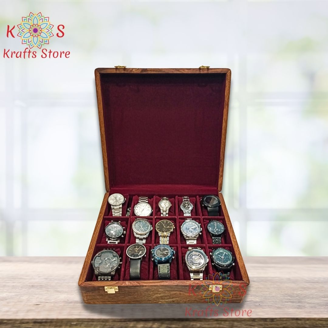 Watch Box for 15 Watches with Solid Wood Top, closed lid