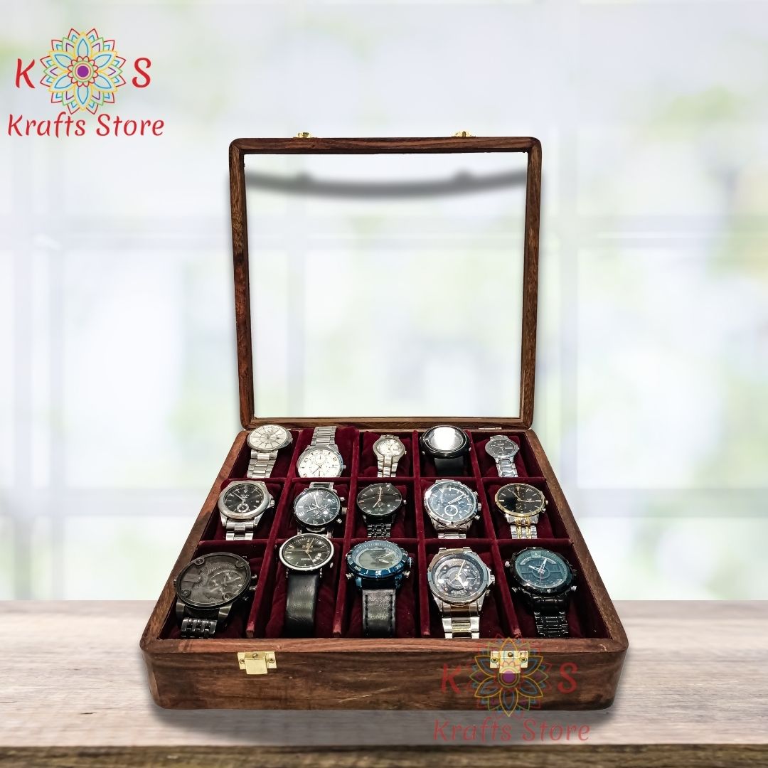 Watch Box for 15 Watches with Original Glass Lid, side angle