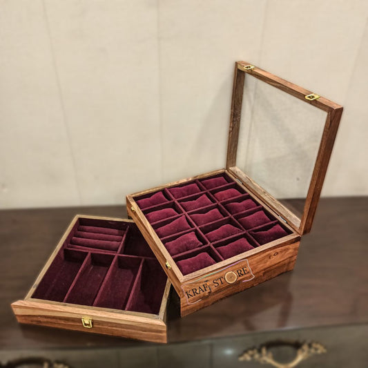 Premium Organizer with Drawer | 15 Watch Slots, Sunglass, Jewelry & Wallet Storage | Glass Lid