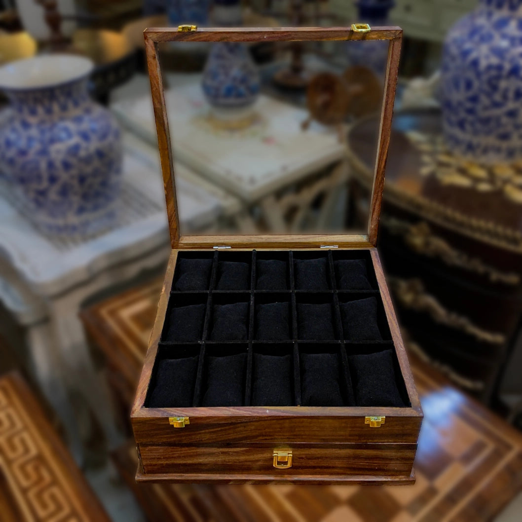 Premium Organizer with Drawer | 15 Watch Slots, Sunglass, Jewelry & Wallet Storage | Glass Lid