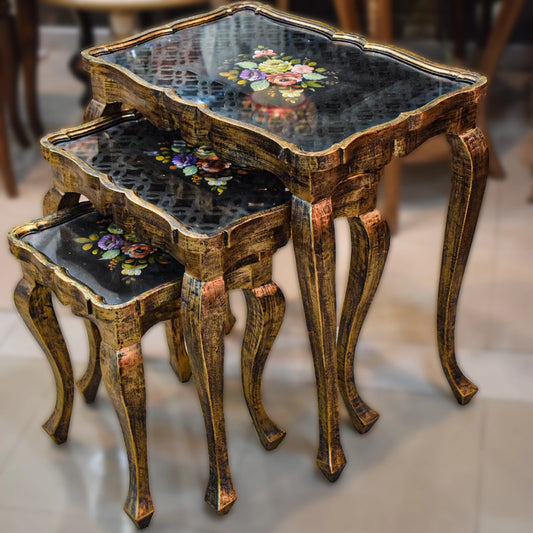Nesting Tables with hand painted work With Glass Top