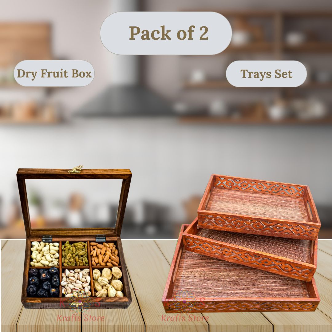 Combo 3-Piece Trays Set and Dry Fruit Box, Style 3, front view