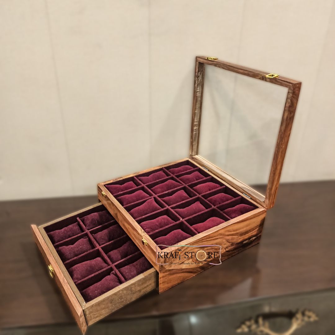Watch Organizer with Drawer, 27 slots, Glass Top, open view