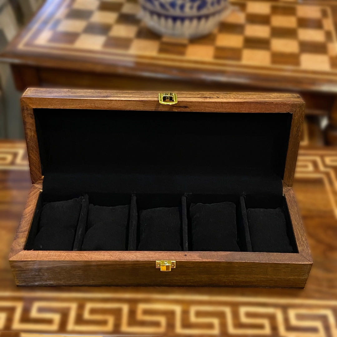 Watch Box for 5 Watches, Solid Wood Top, lifestyle display