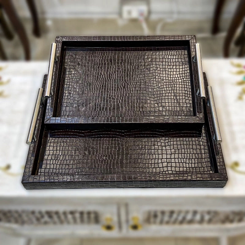 Leatherite Serving Trays with Metallic Handles, stacked view