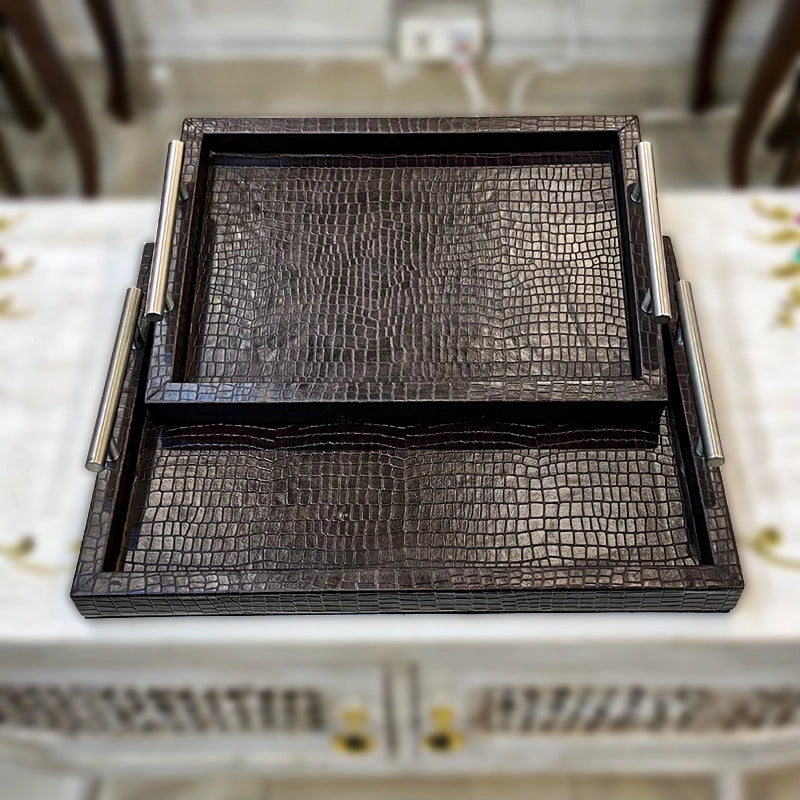 Leatherite Serving Trays with Metallic Handles, stacked view
