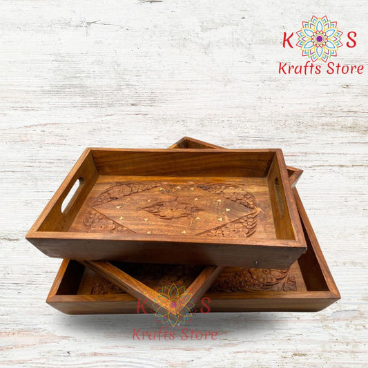 Serving Trays Set Of 3 Trays Topped with Carving and Brass Work