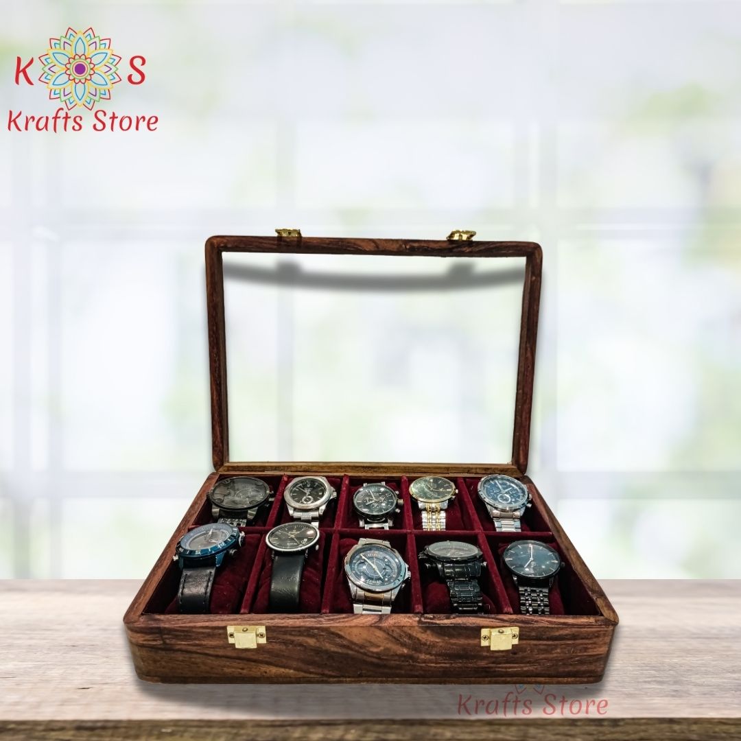 Watch Box for 10 Watches with Original Glass Top - Sheesham Wood detail