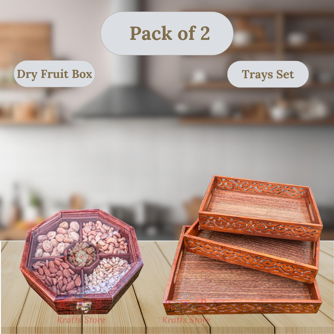 Combo 3-Piece Trays Set and Dry Fruit Box, Style 2, front view