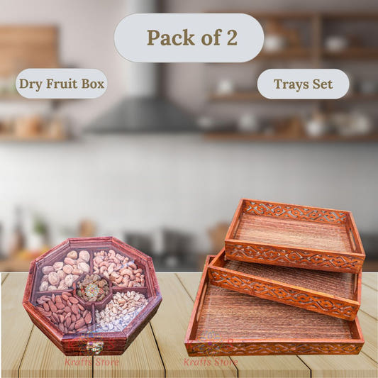 Combo 3-Piece Trays Set and Dry Fruit Box, Style 2, front view