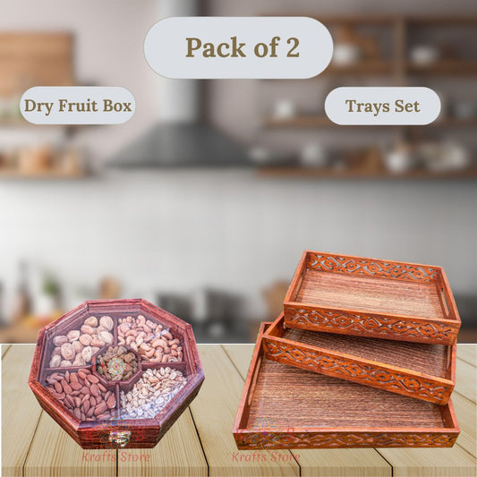 Combo 3-Piece Trays Set and Dry Fruit Box, Style 2, front view
