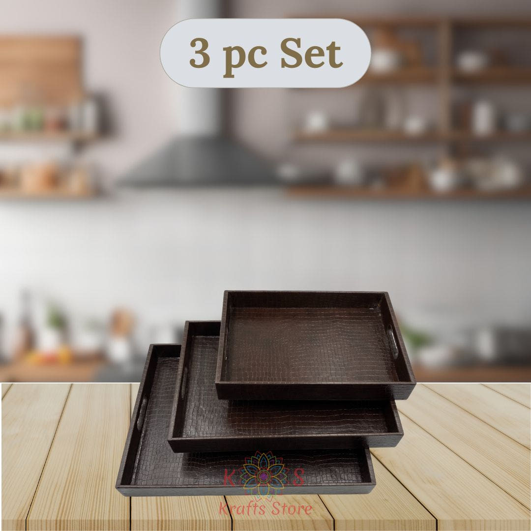 Serving Tray Set of 3, Leatherite, Dark Chocolate Brown, front view