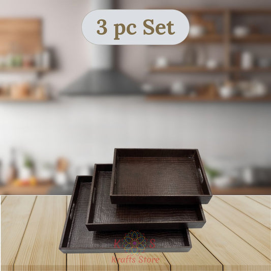 Serving Tray Set of 3, Leatherite, Dark Chocolate Brown, front view