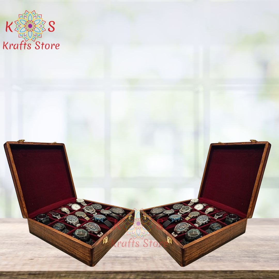 Watch Box for 15 Watches with Solid Wood Top, Sheesham wood grain detail