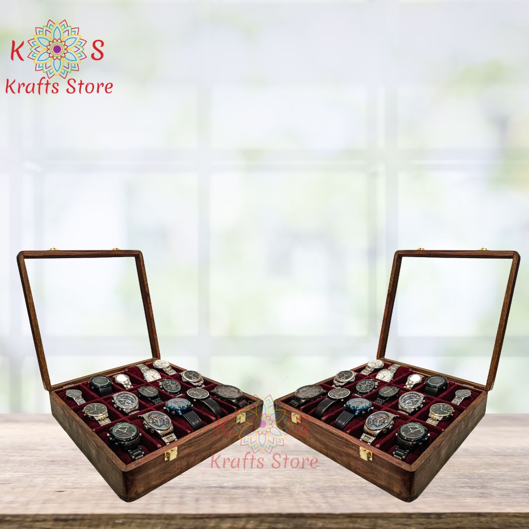 Watch Box for 15 Watches with Original Glass Lid, Sheesham wood detail