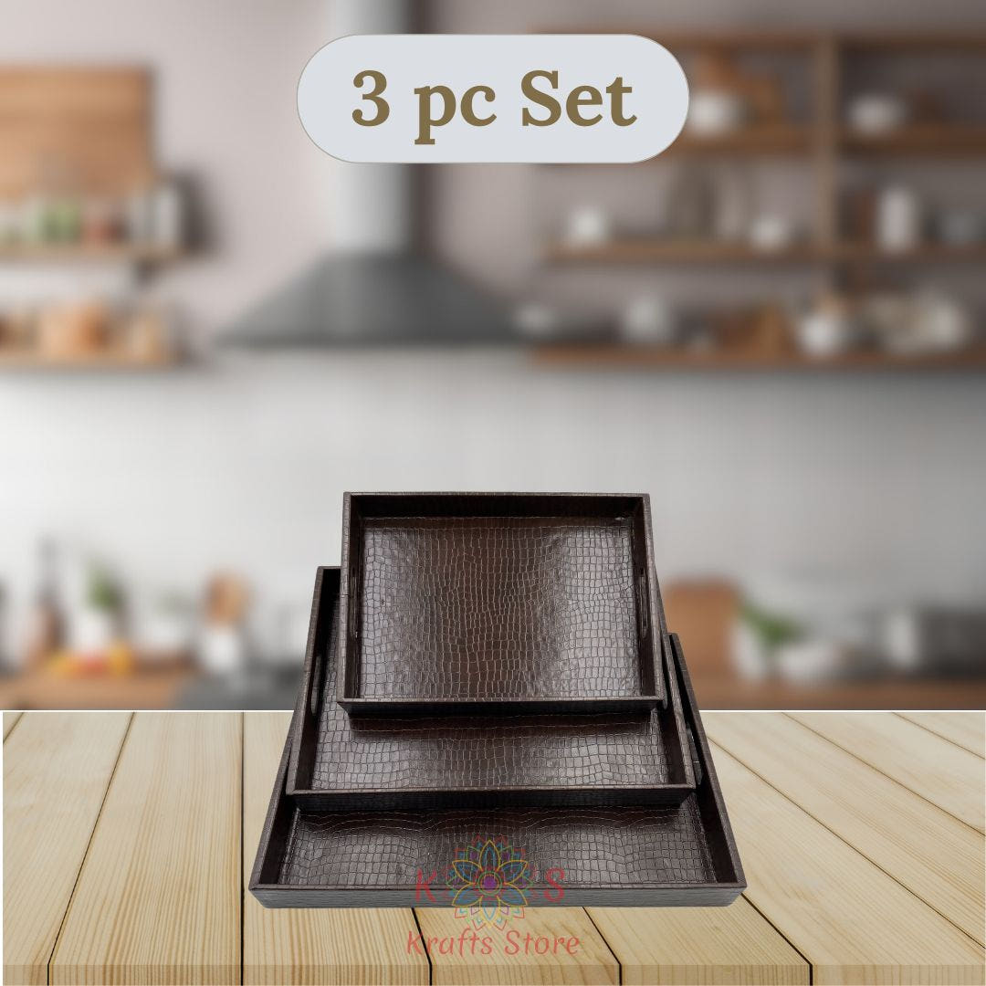 Serving Tray Set of 3, Leatherite, Dark Chocolate Brown, stacked view