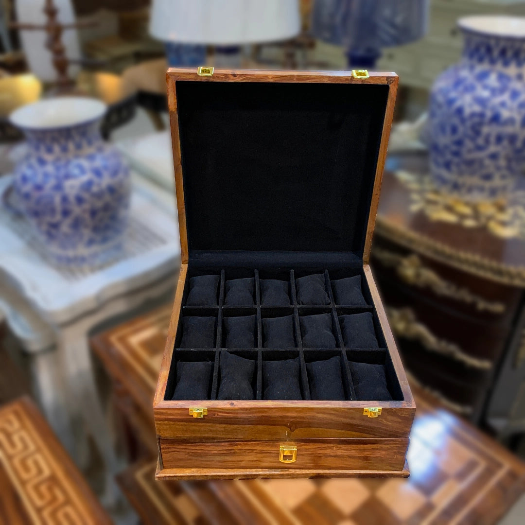 Premium Organizer with Drawer | 15 Watch Slots, Sunglass, Jewelry & Wallet Storage | Wood Top