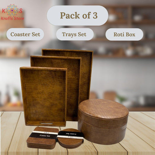 3 pc Trays Set | Roti Box | 6 pc Coasters Set ( Camel Brown )