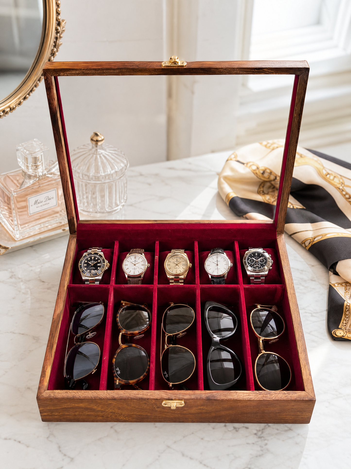 Wooden Watch & Sunglasses Organizer Box — 5 Watches + 5 Sunglasses | Glass Lid