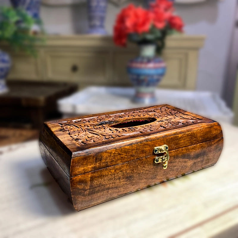 Premium Tissue Box with Carving Work and Locking Lid, Sheesham Wood, detail shot