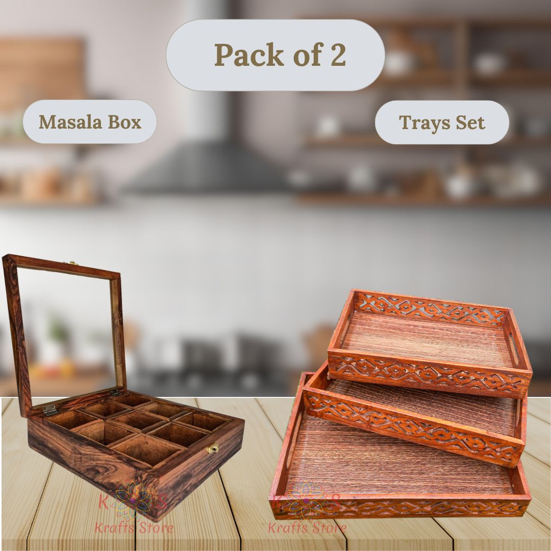 Combo 3-Piece Trays Set and Masala Box, front view