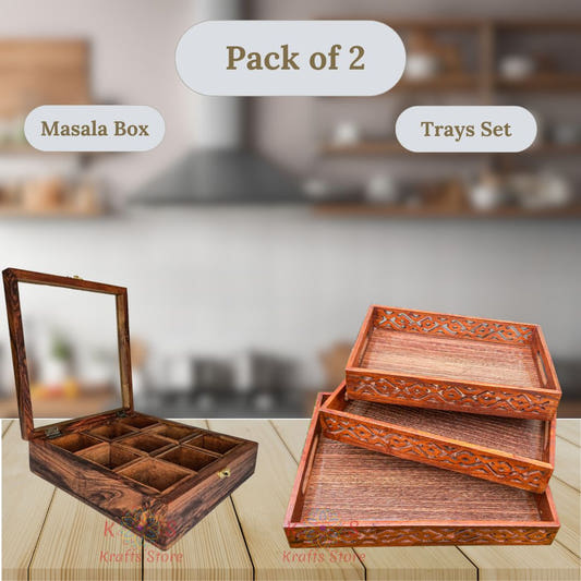 Combo 3-Piece Trays Set and Masala Box, front view