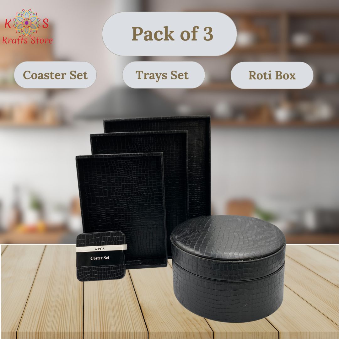 3 pc Trays Set | Roti Box | 6 pc Coasters Set ( Black )