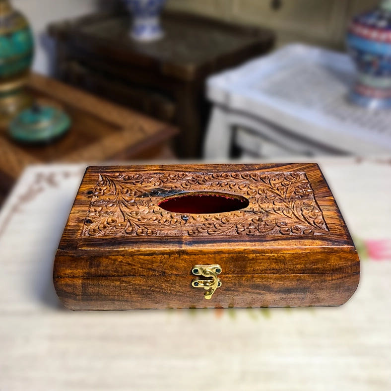 Premium Tissue Box with Carving Work and Locking Lid, Sheesham Wood, front view