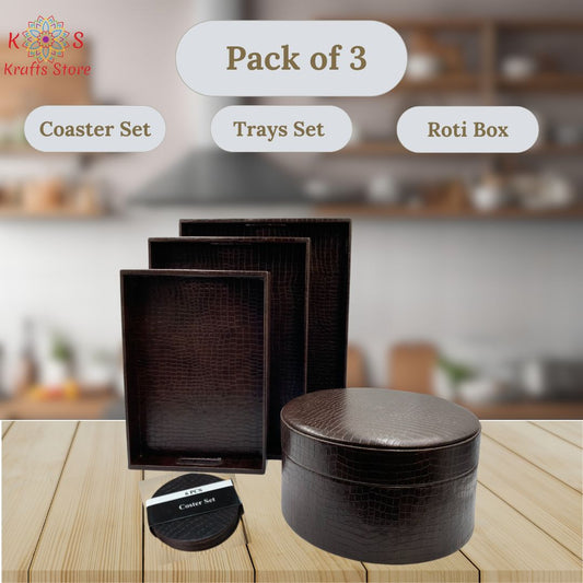 3 pc Trays Set | Roti Box | 6 pc Coasters Set ( Dark Chocolate )