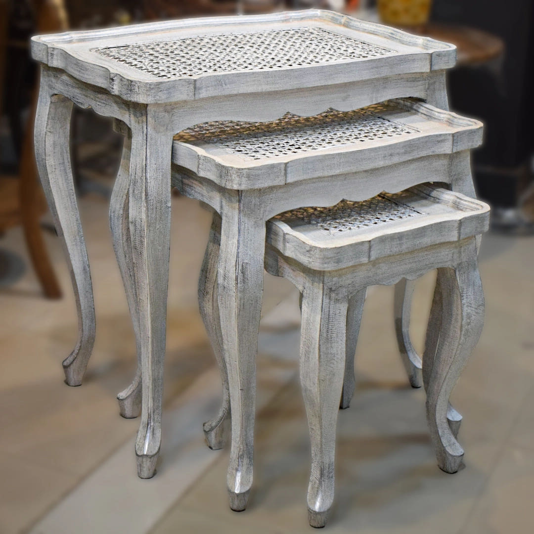 Nesting Tables with Chalk Finish and Cane Work, Style 3, front view