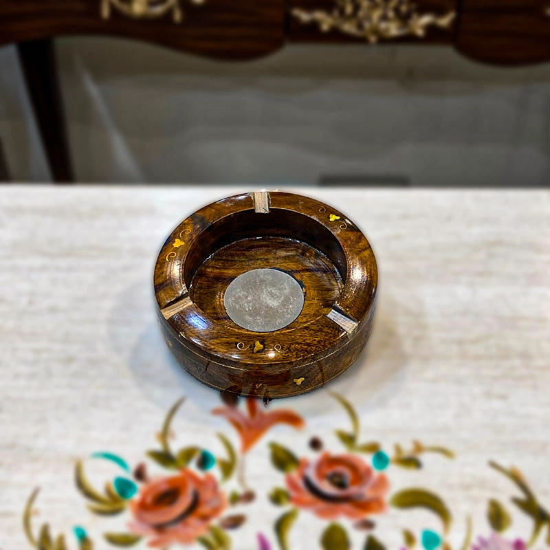 Traditional Round Ash Tray, Sheesham Wood, top view