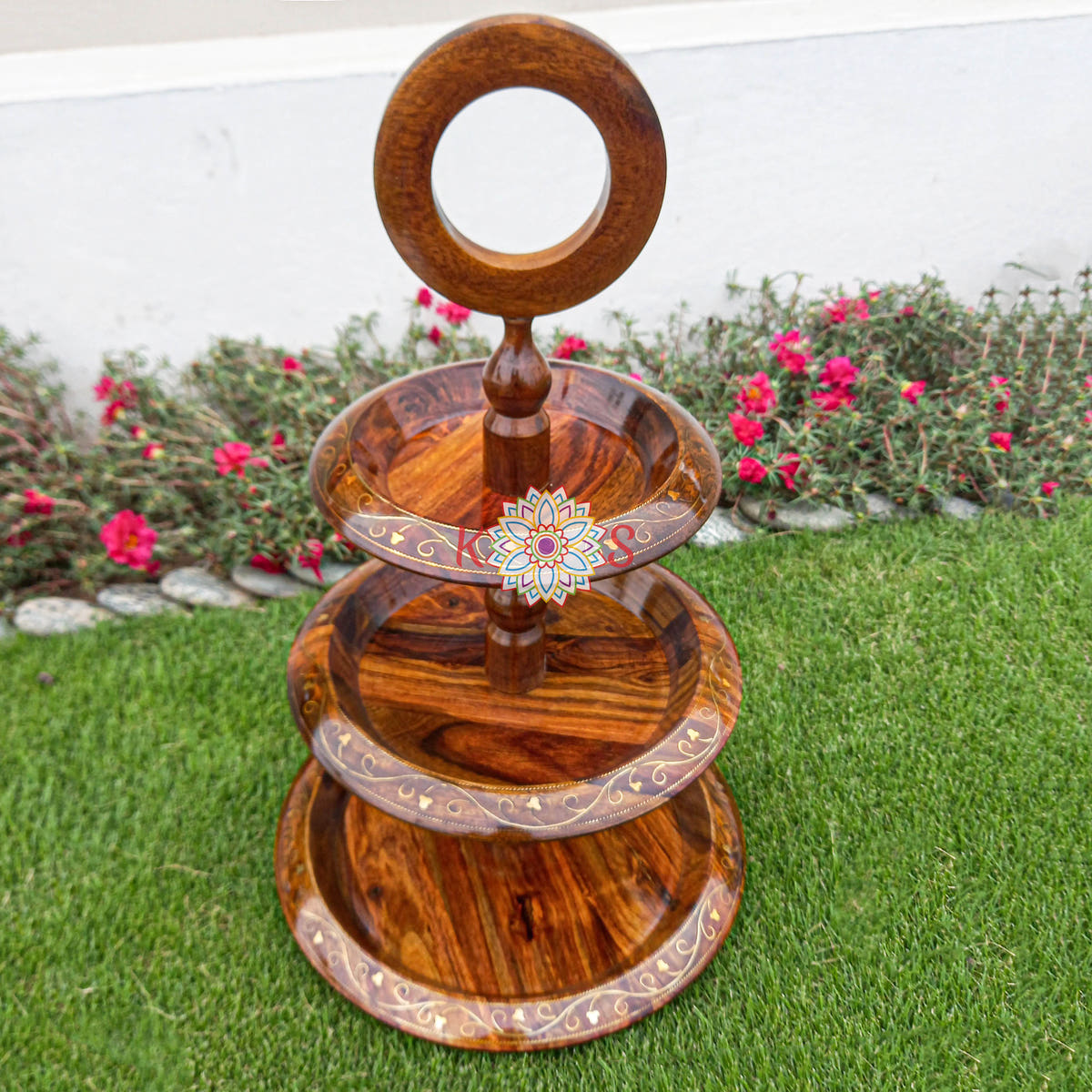 3-Tier Dessert Serving Stand, Sheesham Wood, front view