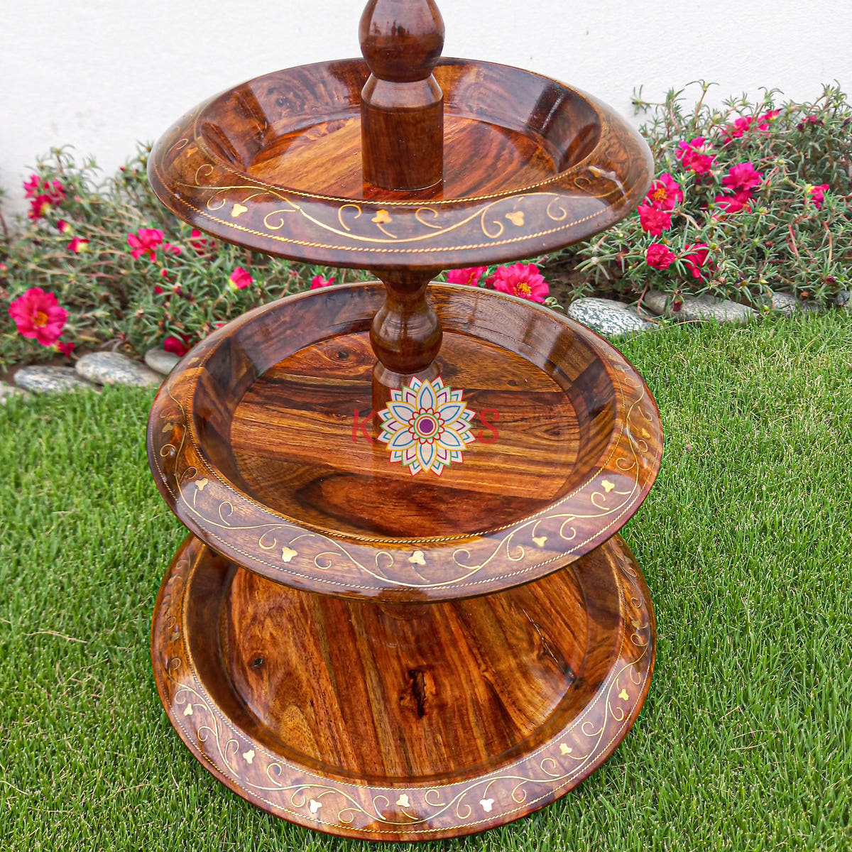 3-Tier Dessert Serving Stand, Sheesham Wood, side view