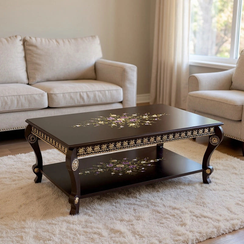 Hand Painted Center Table, Dark Brown, top view