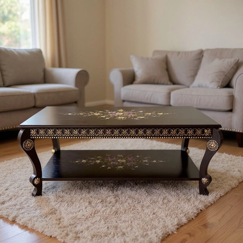 Hand Painted Center Table, Dark Brown, detail shot