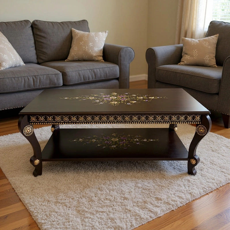 Hand Painted Center Table, Dark Brown, side view