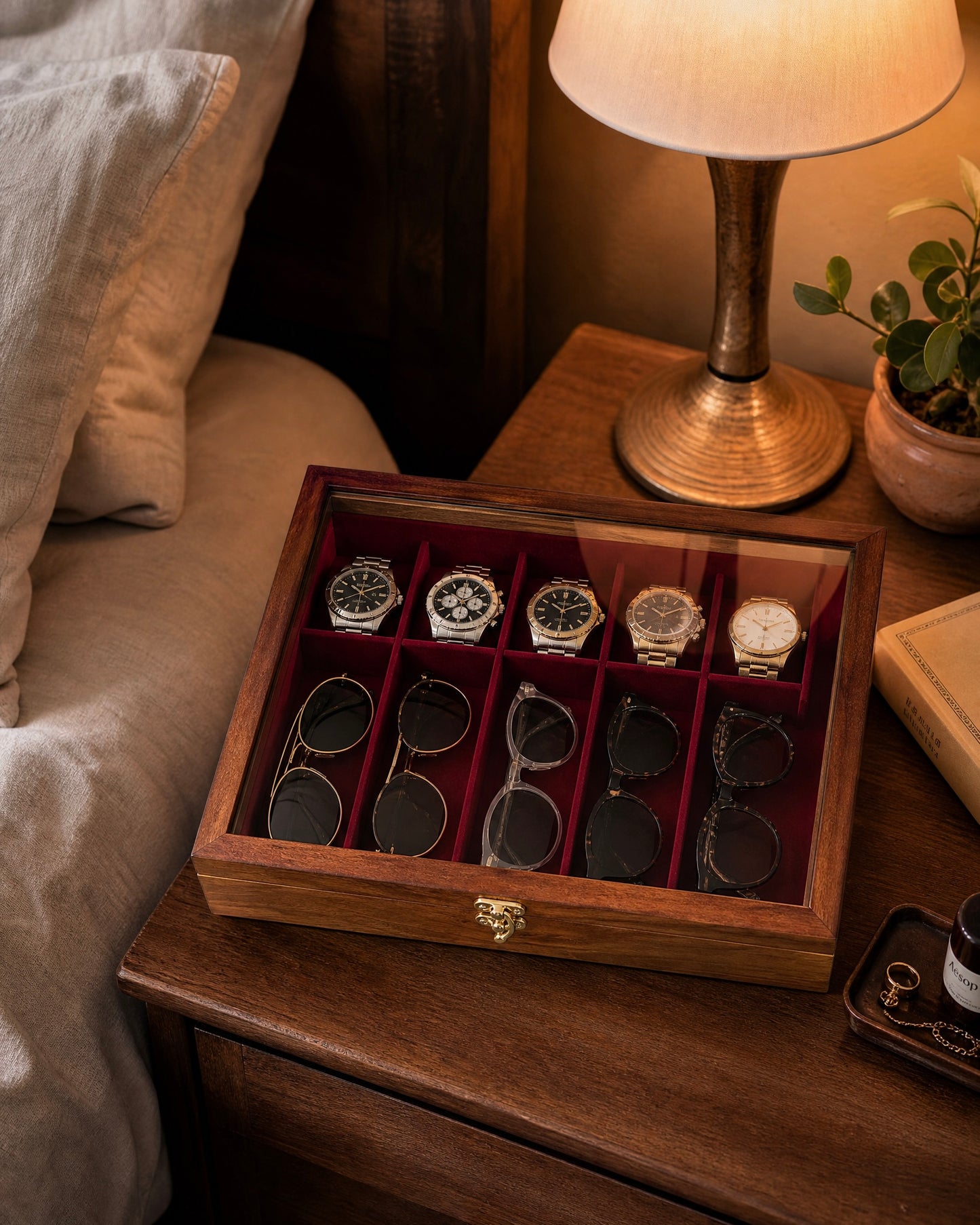 Wooden Watch & Sunglasses Organizer Box — 5 Watches + 5 Sunglasses | Glass Lid