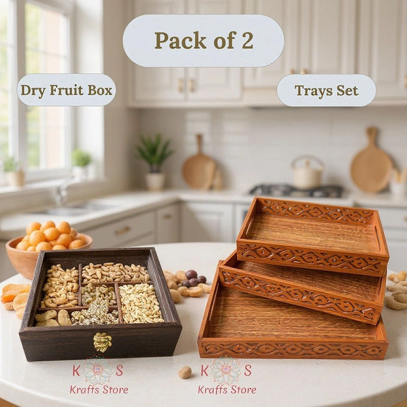 Combo 3-Piece Trays Set and Dry Fruit Box, Style 1, front view