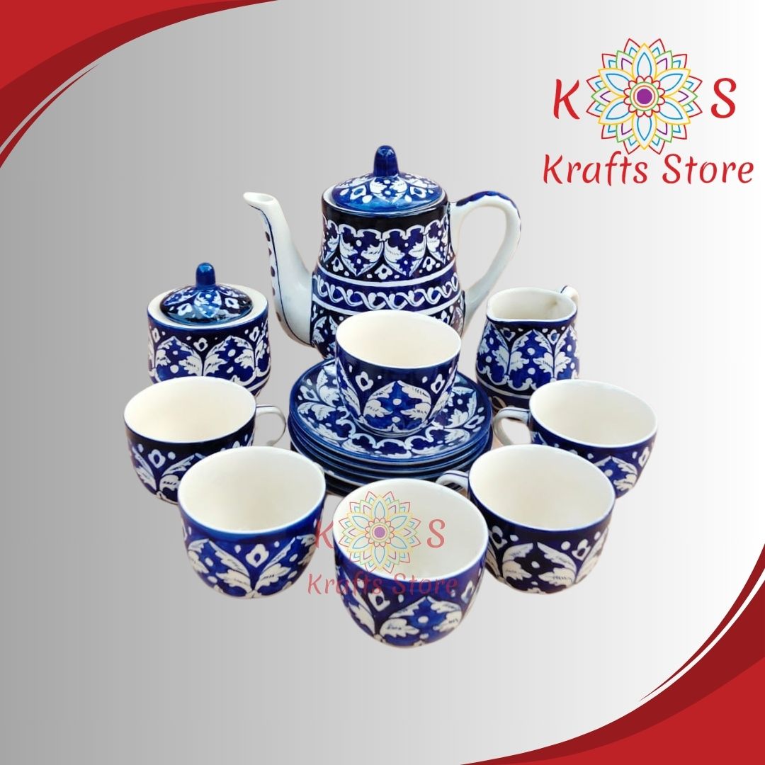 Multani Blue Pottery, Pakistani Art of Blue Pottery, Pakistani handmade, Ceramic Tea Set, 6 Persons, Ghauri Chain Design
