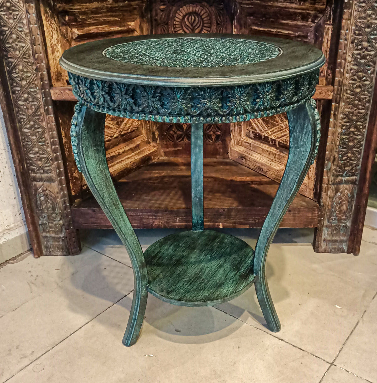 Corner Side Table with Cane Work, White Cream, top view