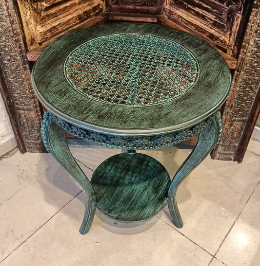 Corner Side Table with Cane Work, White Cream, front view