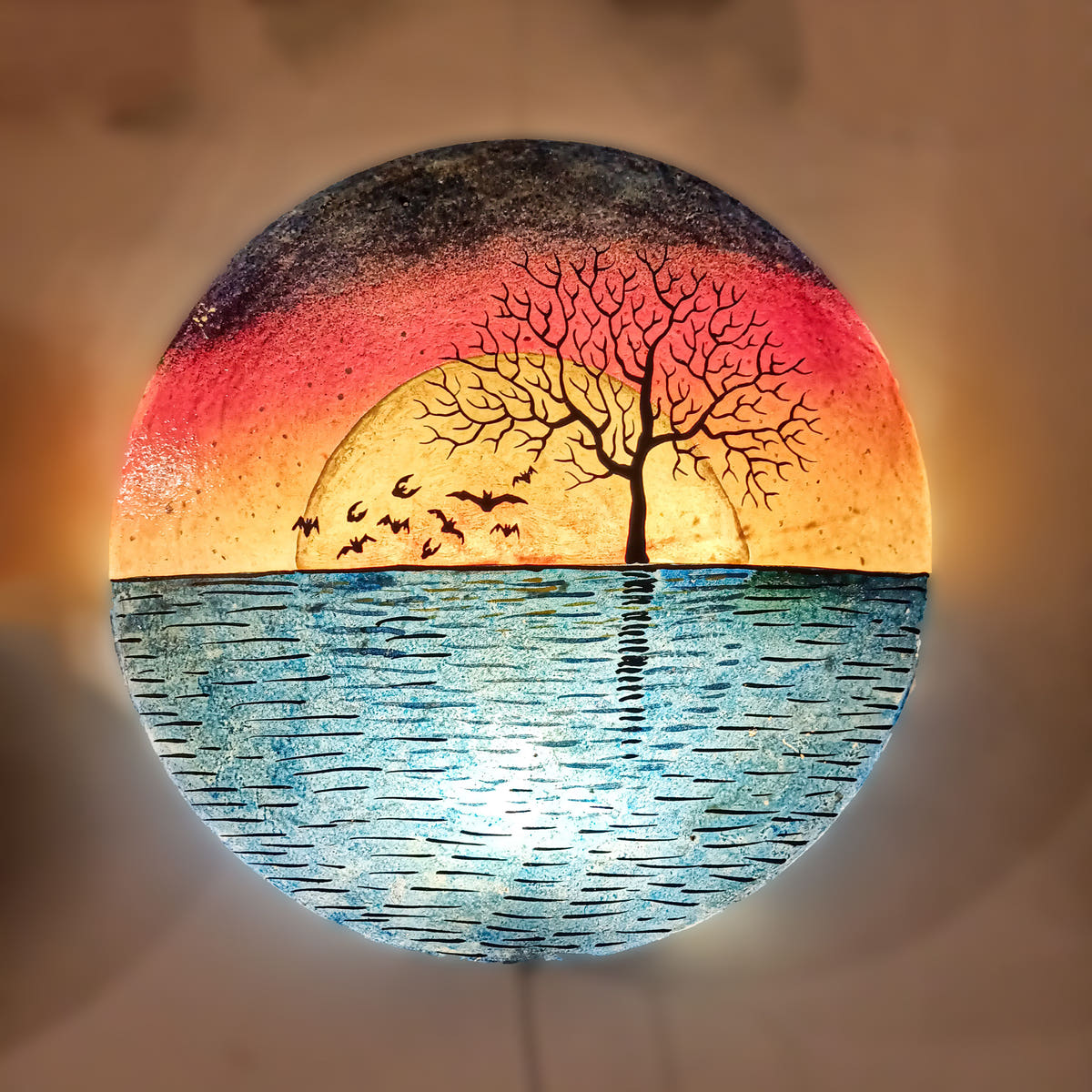 Floral Art Wall Lamp, Camel Skin, lit view