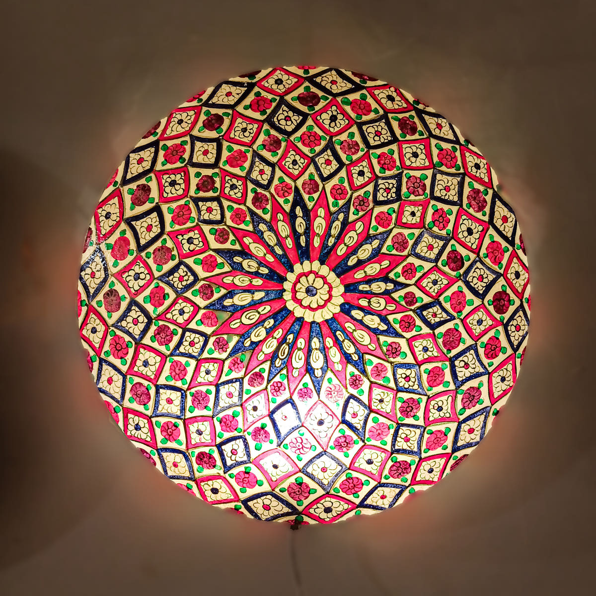 Arabesque Pattern Wall Lamp, Camel Skin, lit view