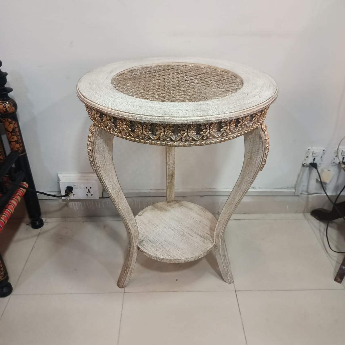 Corner Side Table with Cane Work, Sage Green, front view
