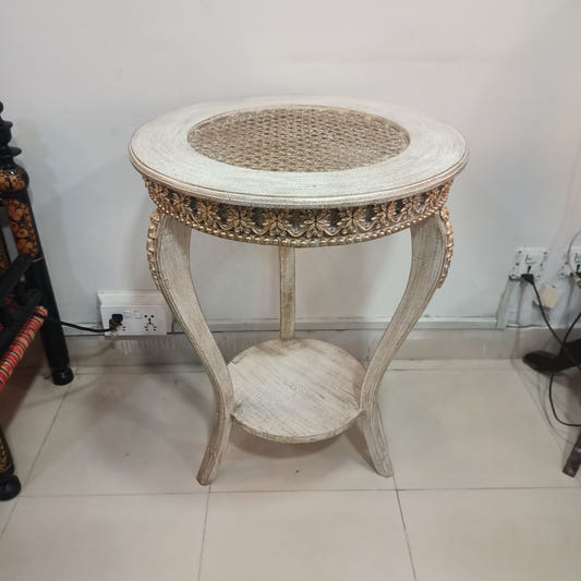 Corner Side Table with Cane Work, Sage Green, front view