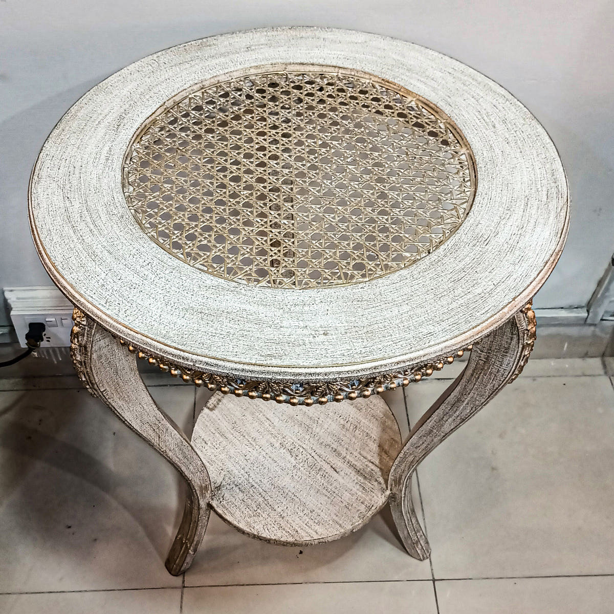 Corner Side Table with Cane Work, Sage Green, top view