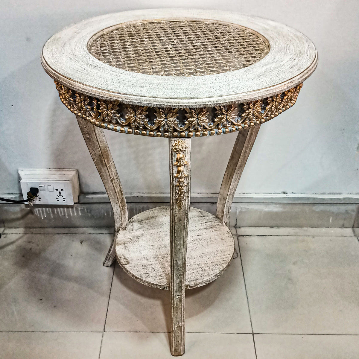 Corner Side Table with Cane Work, Sage Green, detail shot